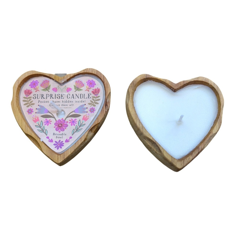 NWT Pair of Natural Life Surprise Candles Charm Heart Wooden Trinket Dish 3''